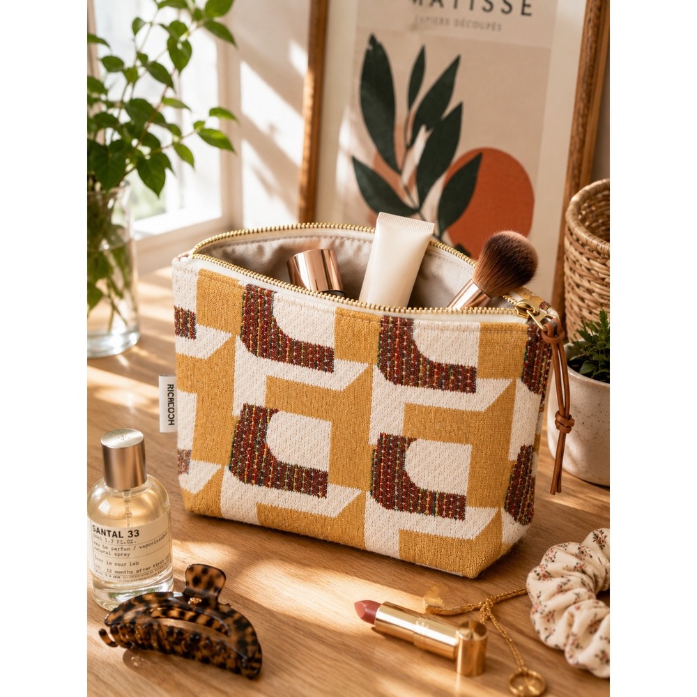 Handmade Mid Century Modern Geometric Makeup Bag Travel Zip Pouch Retro